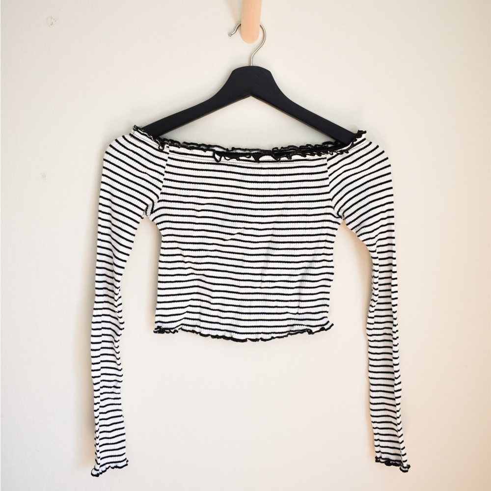 H&M Divided Black and White Stripe Off the Shoulder Long Sleeve Rib Knit Top XS